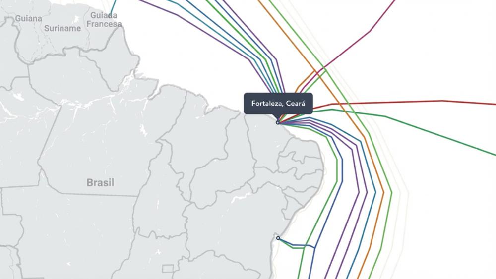 Mapa de cabos submarinos convergindo em Fortaleza