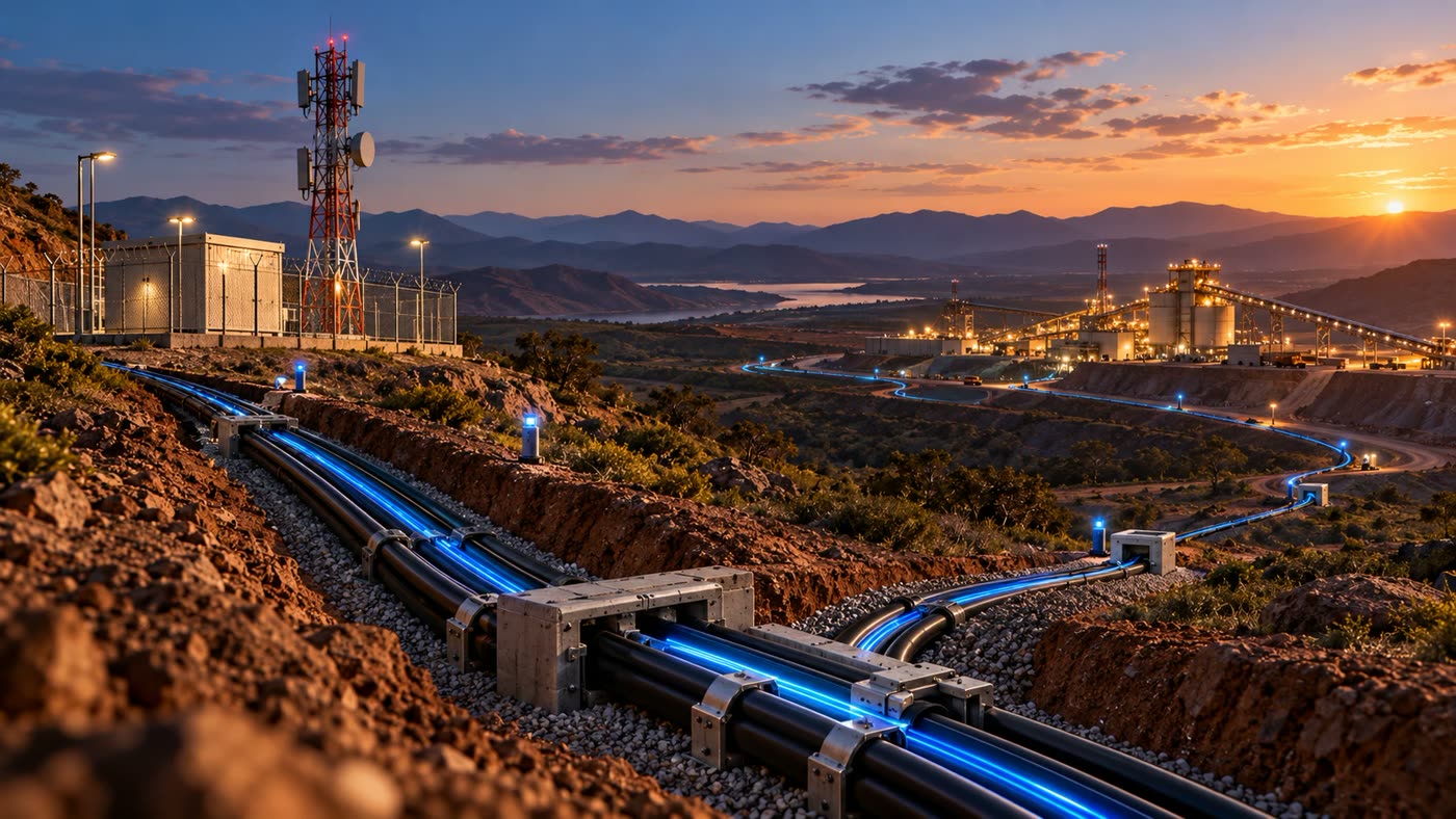 Fibra óptica subterrânea dedicada conectando torre e planta industrial