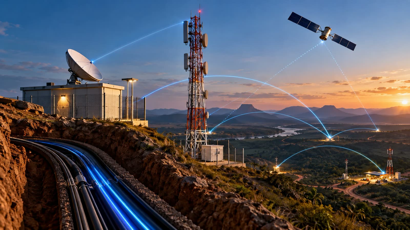 Rede de telecomunicações: fibra, torre, antena parabólica e satélite conectando pontos remotos